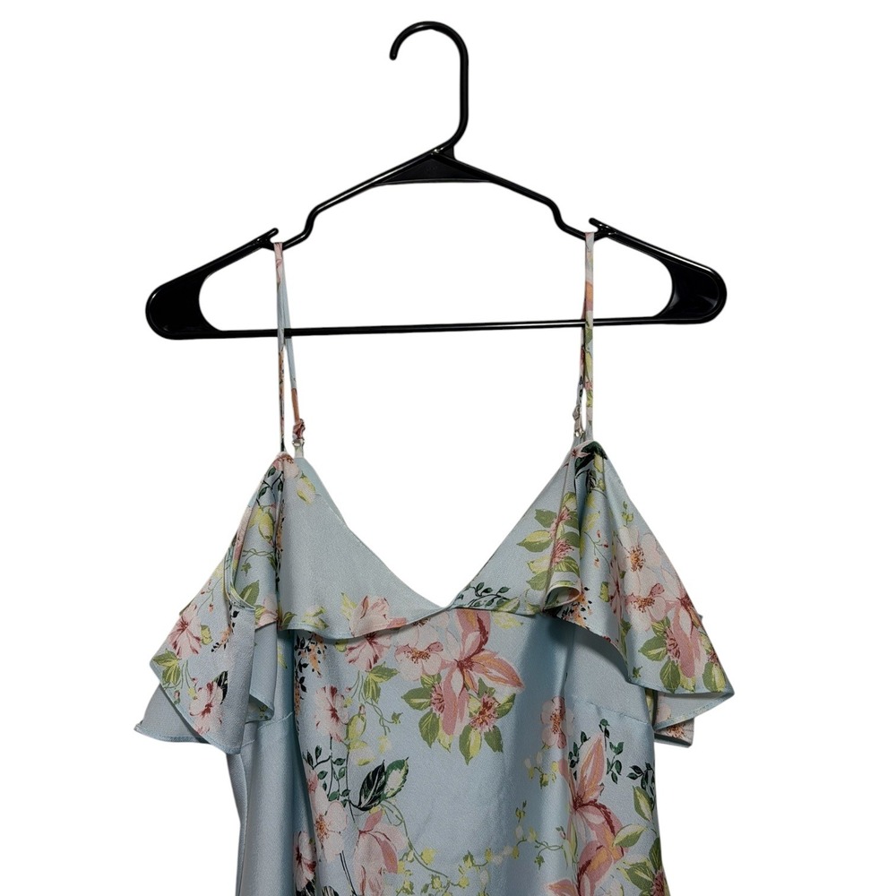 Bebe Printed Bubble Satin Mini Dress Light Blue Floral Romantic Women's Large - Picture 5 of 9